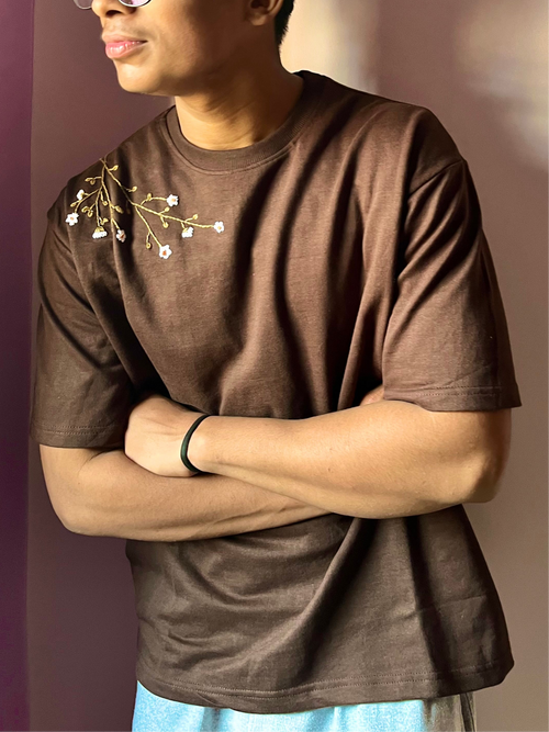 Handcrafted Embroidery Unisex Oversized T-Shirt Brown