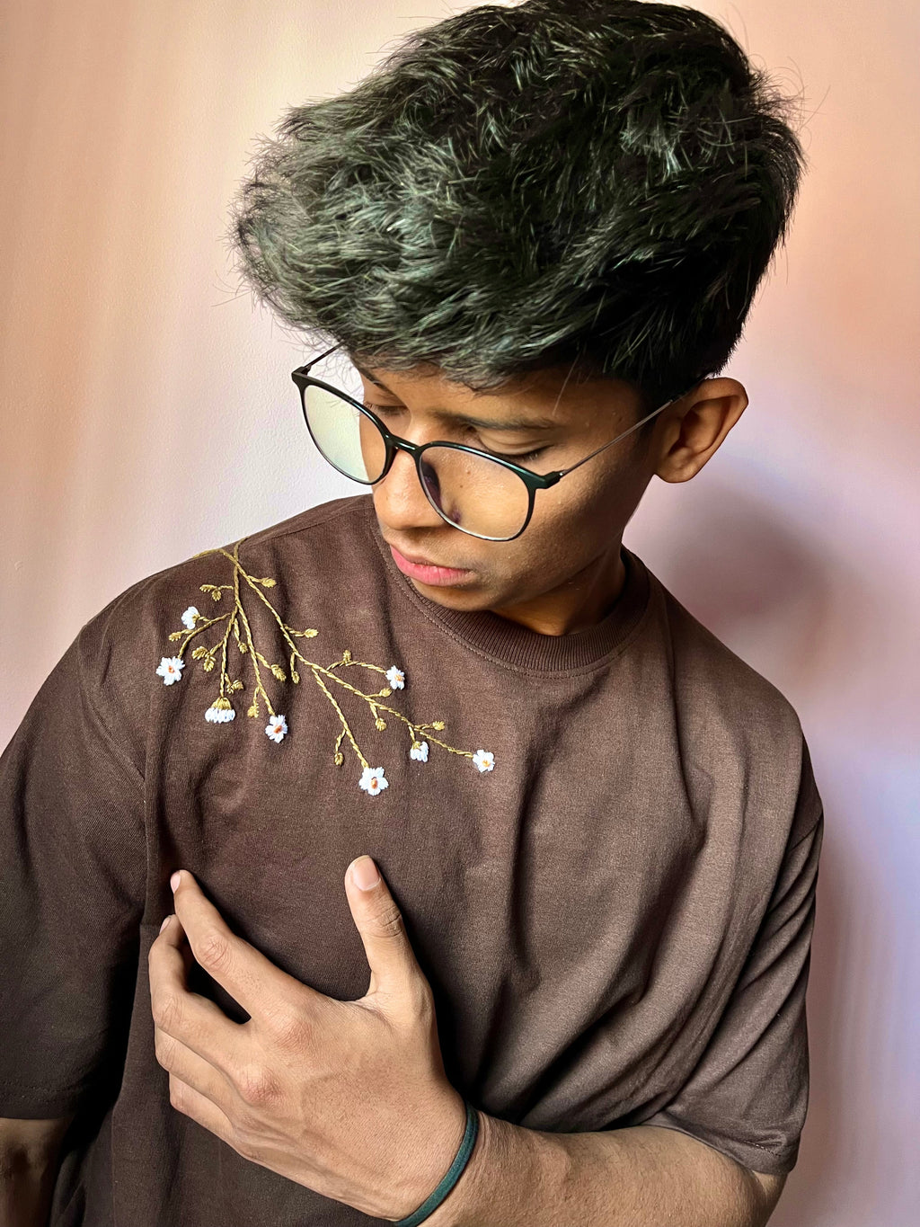 Handcrafted Embroidery Unisex Oversized T-Shirt Brown