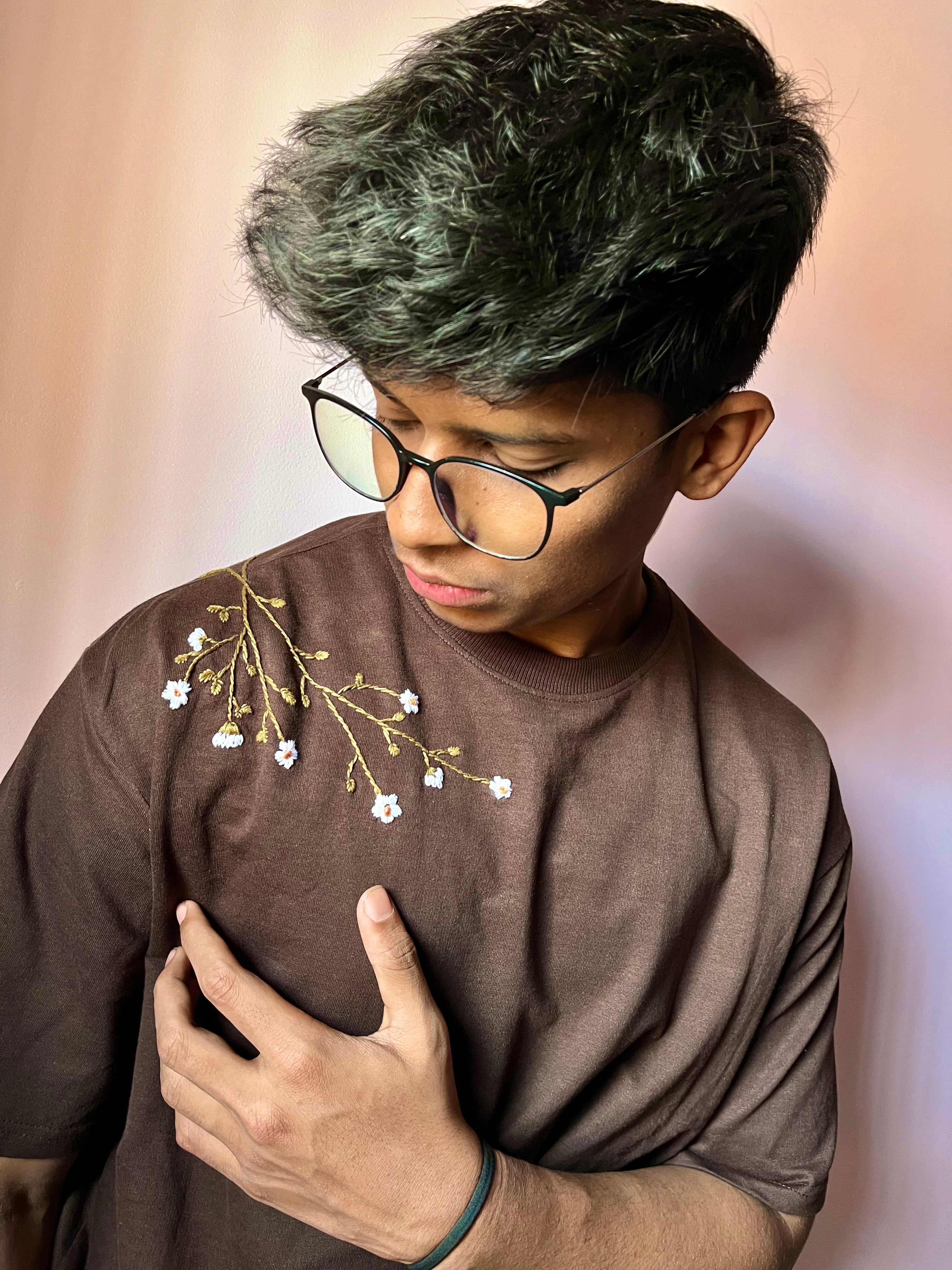 Handcrafted Embroidery Unisex Oversized T-Shirt Brown