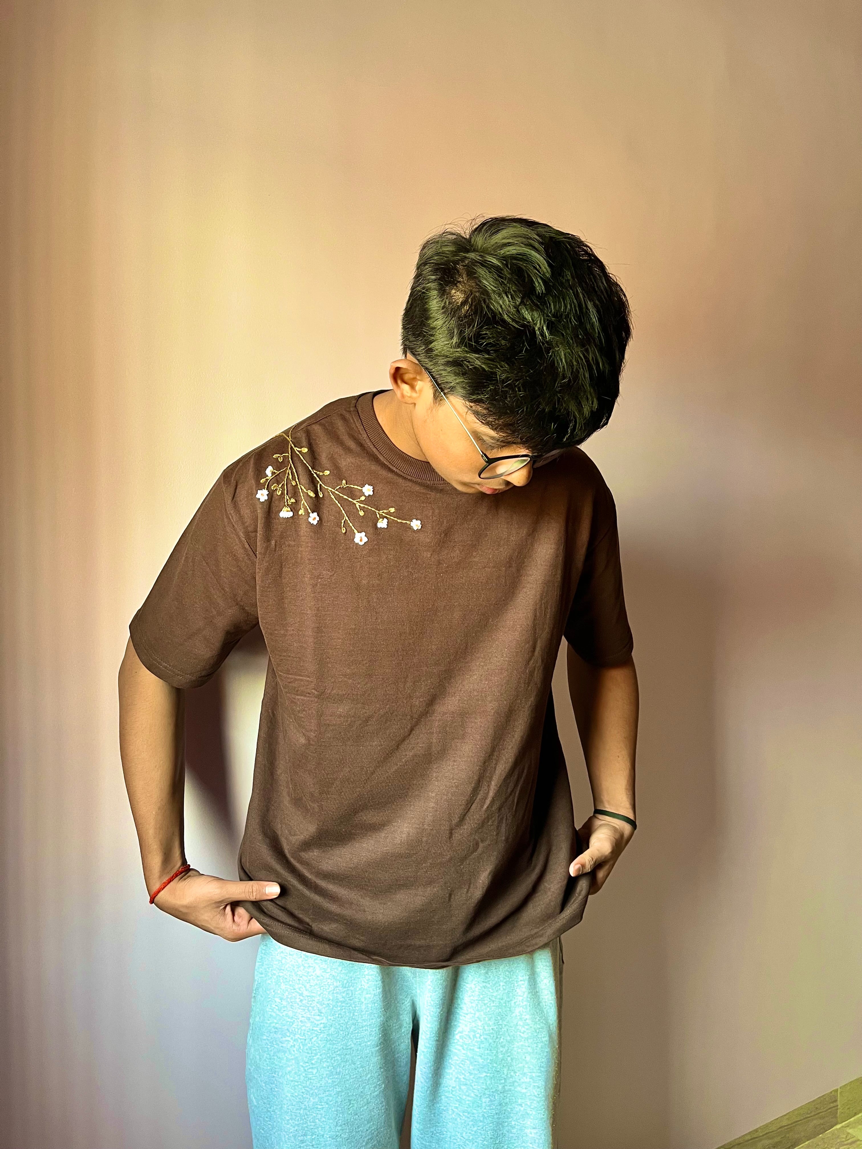 Handcrafted Embroidery Unisex Oversized T-Shirt Brown