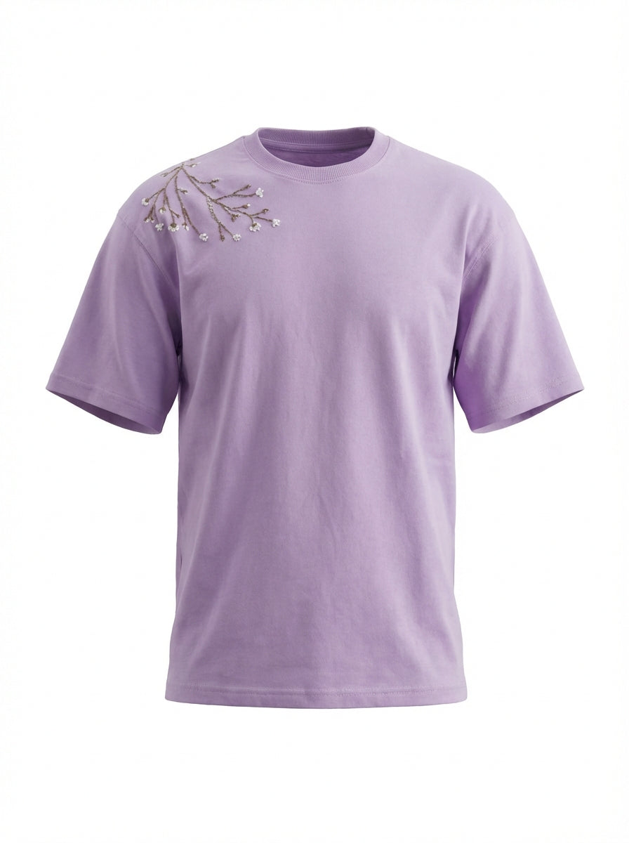 Handcrafted Unisex Embroidery Oversized T-Shirt Lavender