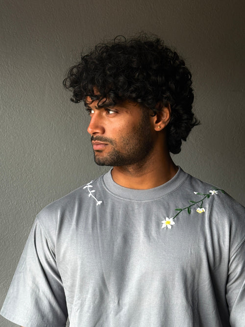 Handcrafted Unisex Embroidery Oversized T-Shirt Grey